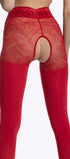 De achterkant van een rode kruisloze panty van 60/30 denier met open kruis, kanten broekje en glinsterende achternaad.
