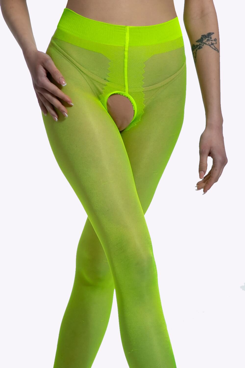Een glanzende fluor kruisloze panty van 20 denier met open kruisje — spannend, elegant en onweerstaanbaar opvallend.