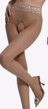 Een huidkleurige kruisloze panty van 30 denier met open kruisje en kanten boord — elegant, zacht en zeer sensueel.