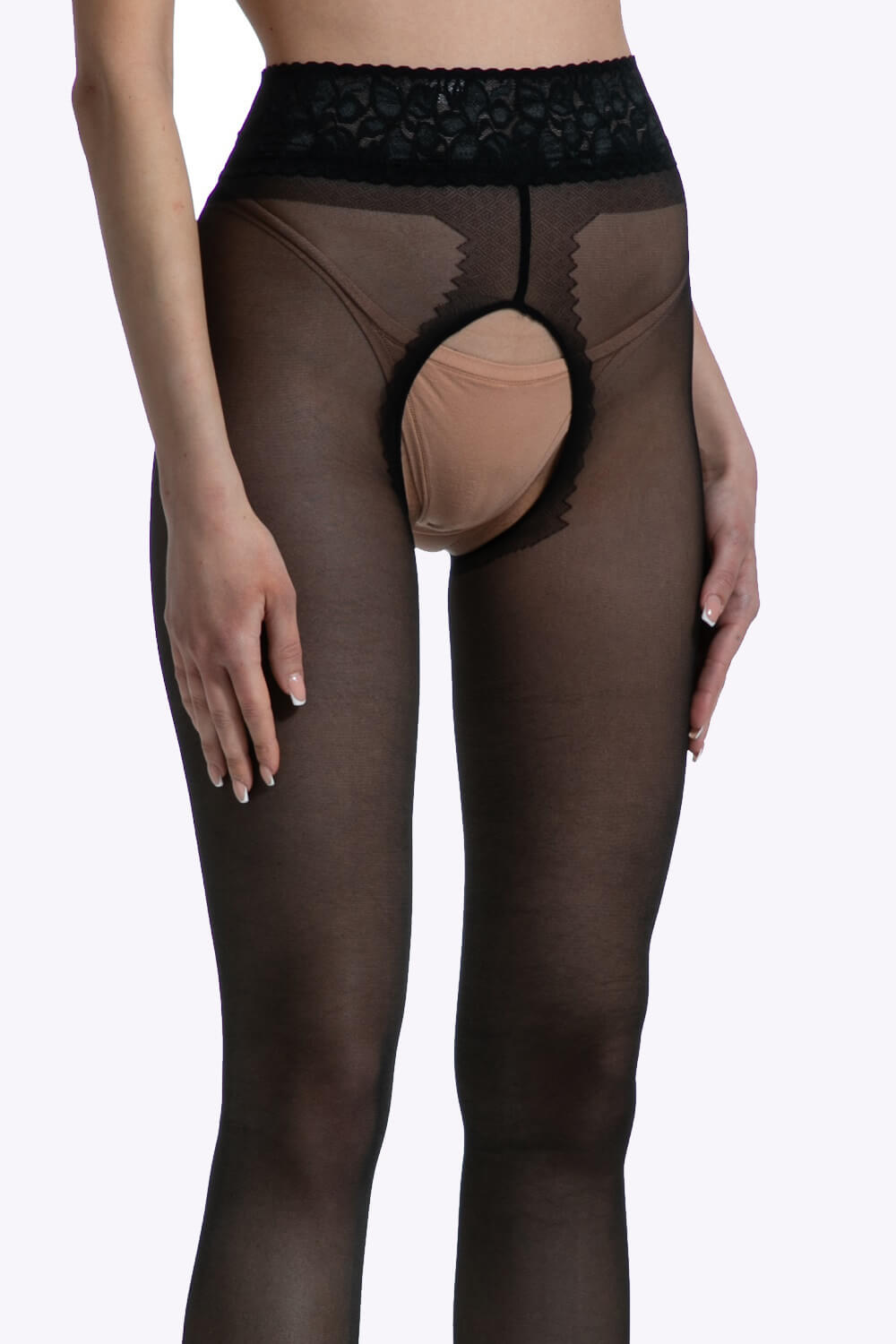 Een elegante kruisloze panty van 30 denier met versterkt open kruisje en kanten boord — zacht, vrouwelijk en subtiel verleidelijk.