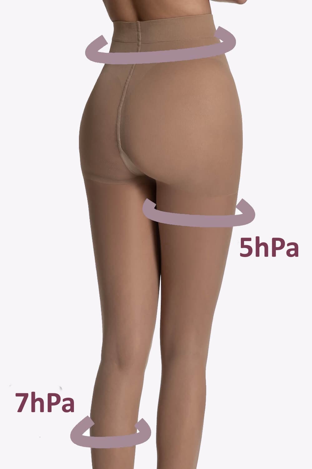 Een beige compressie panty van 20 of 50 denier die steun en comfort biedt — ideaal als elegante stewardessenpanty voor lange dagen.