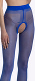 Een glanzende blauwe open kruis panty van 20 denier — verleidelijk, speels en perfect voor een gedurfde, elegante look.