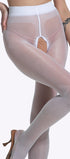 Een glanzende witte open kruis panty van 20 denier die speelsheid en elegantie moeiteloos combineert.