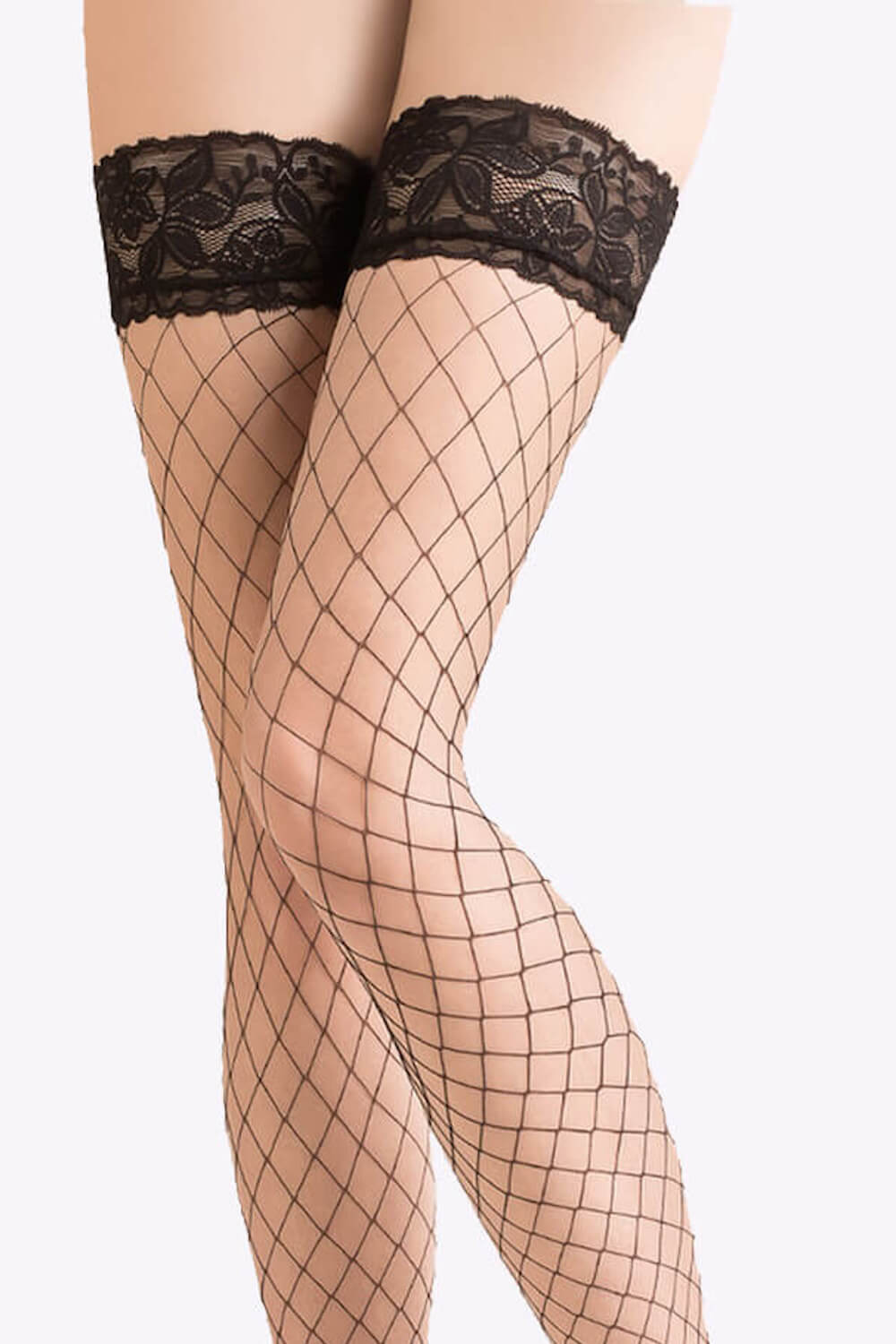 Gedurfde visnet hold-up kousen met grote mazen en kanten boord van Gabriella — verleidelijke netkousen vol elegantie.