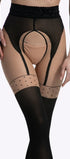 Beige-zwarte kruisloze panty met jarretellook die vintage charme en moderne verleiding perfect combineert.