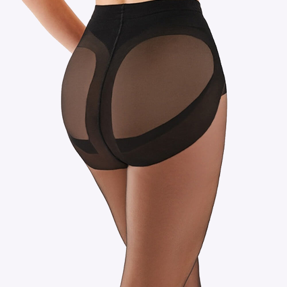 Een zwarte push-up panty van 20 denier die je billen lift en je buik subtiel corrigeert voor een elegant gevormd silhouet.