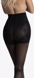 De achterkant van een zwarte slimline push-up panty van 40 denier — liftend, corrigerend en stijlvol vrouwelijk.